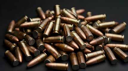 Pile Of Copper And Brass Bullets With Lead Tips On A Dark Background Ammunition Stockpile Close Up View