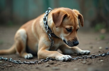 Sad puppy chained outdoor. Lonely, mistreated dog with chain around neck. Concept of animal abuse, domestic violence. Brown dog lies on ground. Pet locked, solitude, captivity.