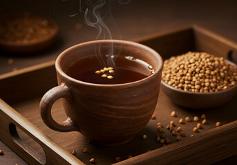 Steaming Buckwheat Tea in Rustic Earthenware Mug