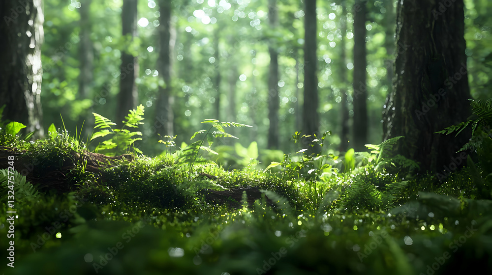 Poster lush green forest floor with sunlight filtering through trees creating a tranquil and scenic natural