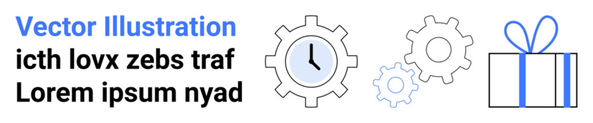 Clock inside a gear, two additional gears, and a gift box with a bow. Ideal for time management, productivity tools, rewards systems, workplace efficiency, automation, gift planning holidays