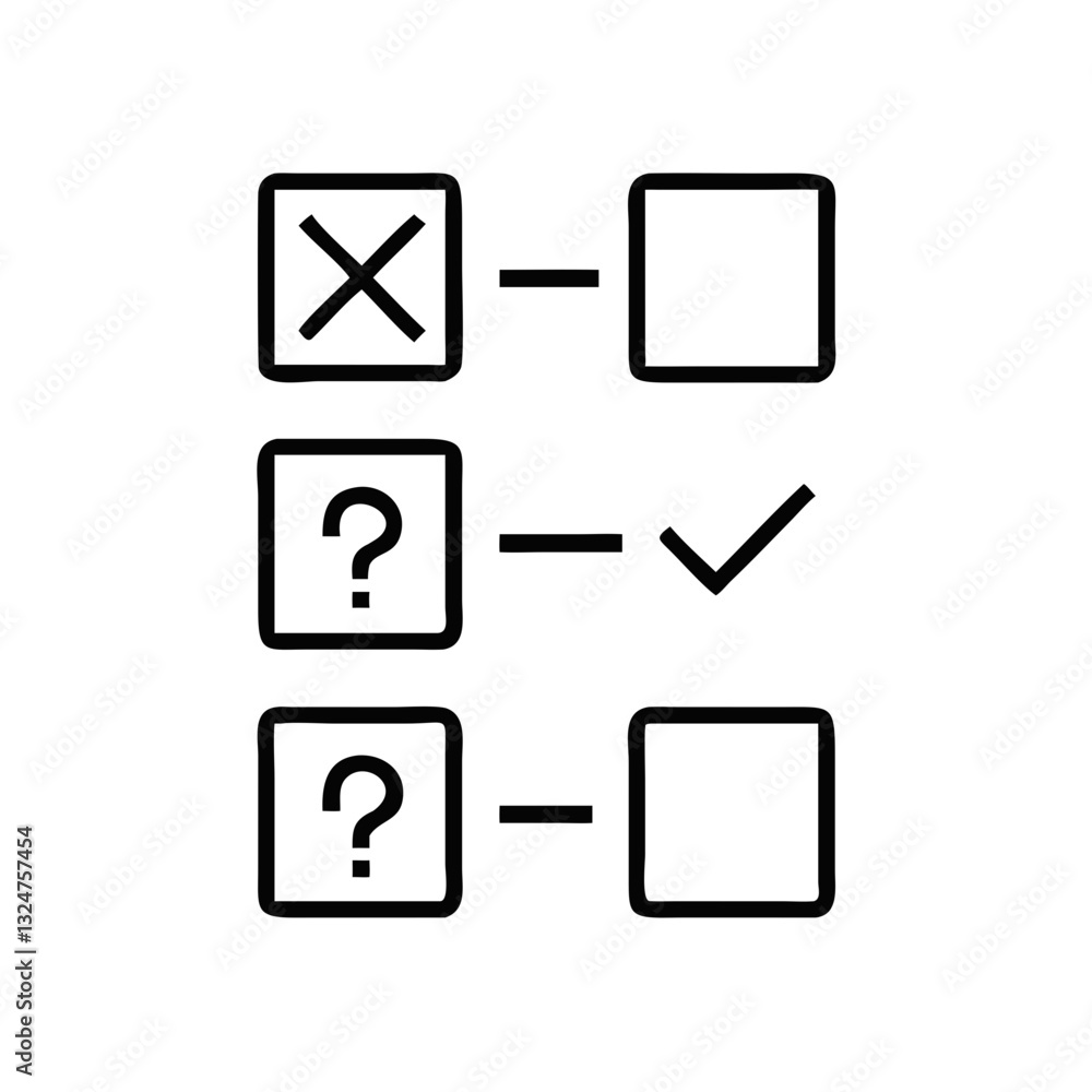Poster checklist with unfinished and questioned items | minimalist design with cross and tick mark icons | 