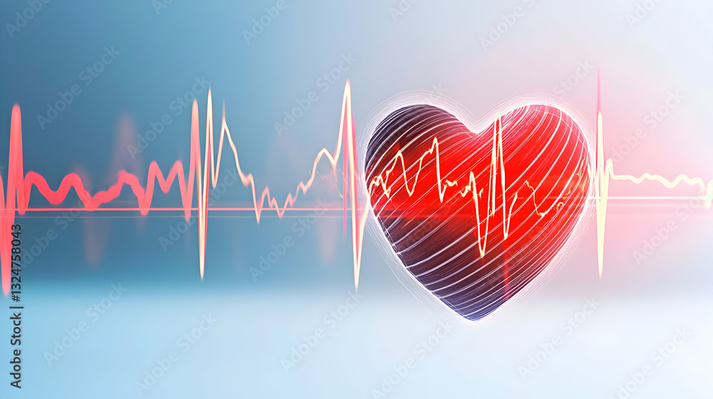 Poster glowing red heart with pulse wave display against blue background representing healthcare