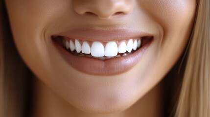 Fototapeta premium Bright smile of a young woman showcasing healthy teeth and radiant confidence in a natural setting during daylight hours