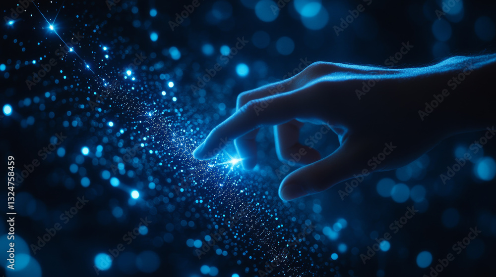 Poster 3d hand with index finger pressing or pushing button. action or gesture concept in dark blue. abstra