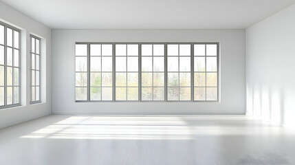 Bright White Interior Room With Large Windows And Natural Light Filling The Empty Space
