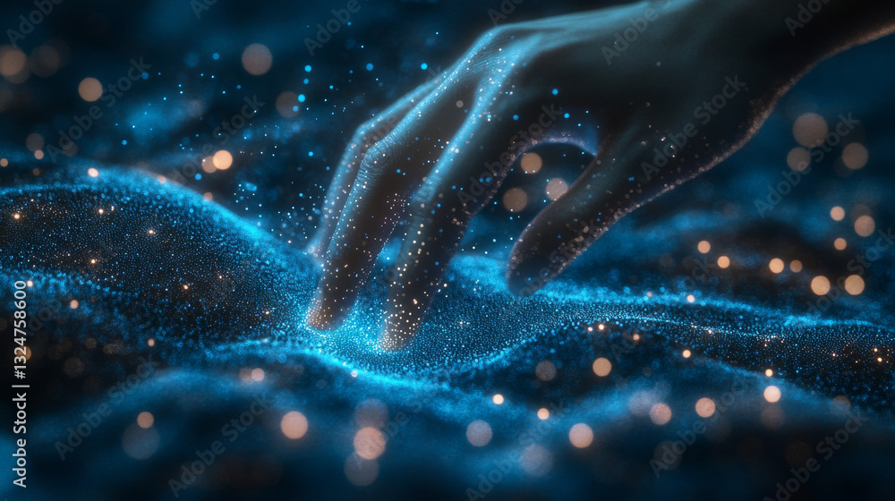 Poster 3d hand with index finger pressing or pushing button. action or gesture concept in dark blue. abstra