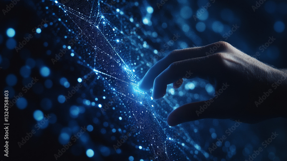 Poster 3d hand with index finger pressing or pushing button. action or gesture concept in dark blue. abstra