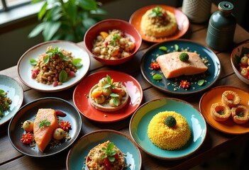 vibrant colorful flat lay presentation diverse gourmet dishes array textures flavors, appetizer, banquet, bistro, beautifully, arranged, bouquet, chef