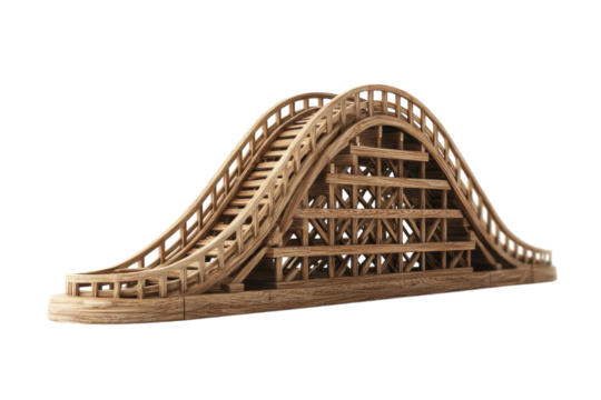 A beautifully crafted wooden roller coaster model showcasing intricate design and craftsmanship isolated on transparent background