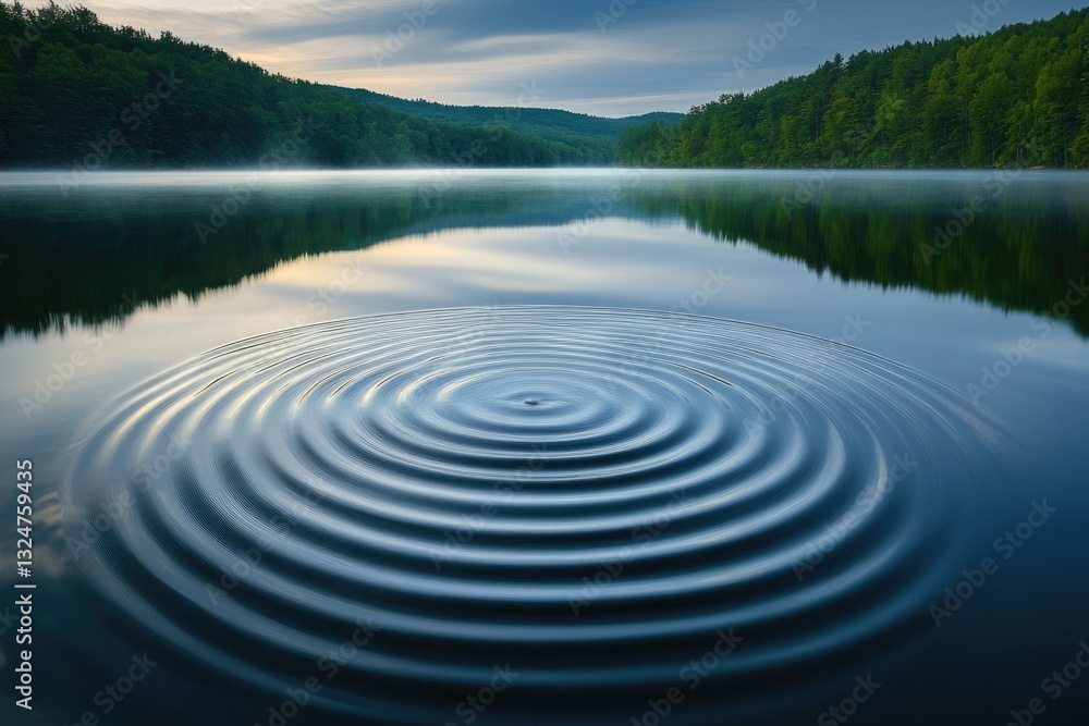 Poster serene lake reflecting a misty forest, a single ripple expands from the center, creating a calming v