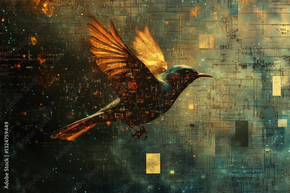 Poster bright bird soaring through a digital landscape depicting artificial intelligence and data flow, fly