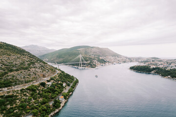 Franjo Tudjman cable-stayed bridge over the Dubrovacka River. Dubrovnik, Croatia. Drone