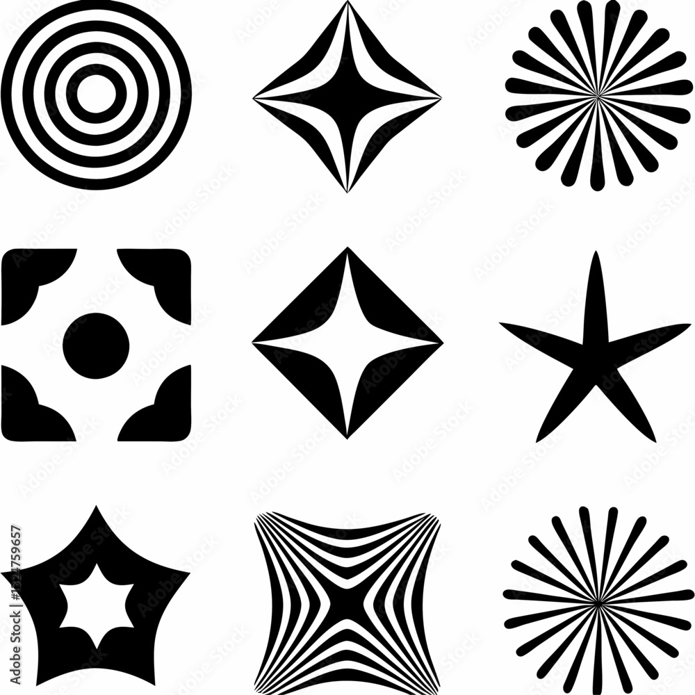 Poster abstract starburst and geometric shape icons set in bold black vector style