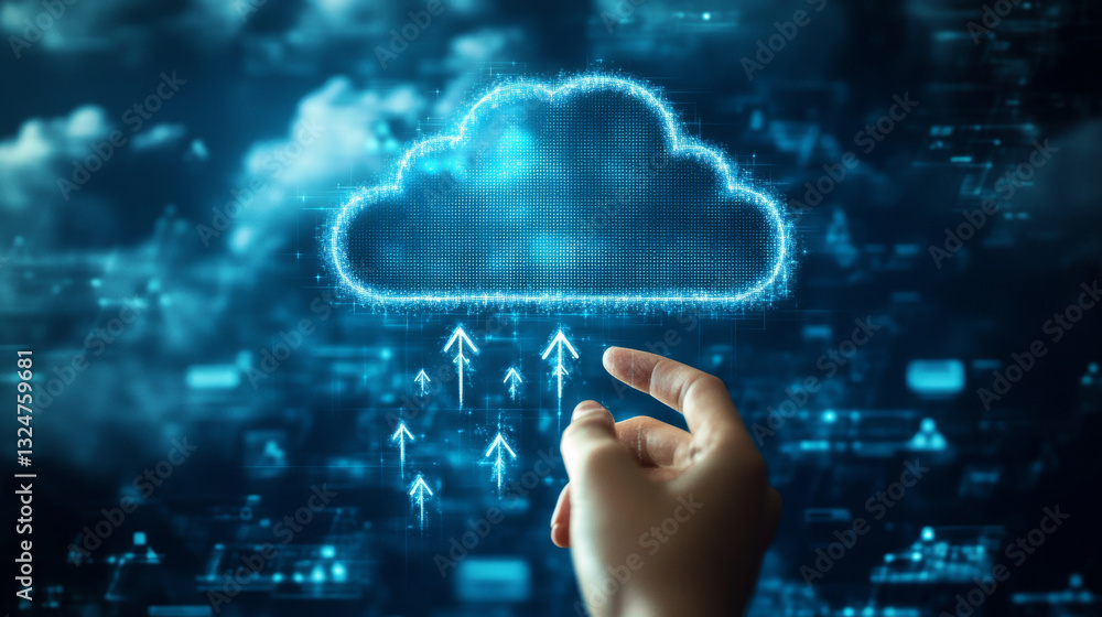 Aufkleber abstract hand touching on cloud computing icon with arrows up and down. digital polygonal cloud stor