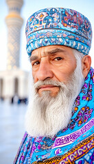 Elderly man in traditional Central Asian attire, at a mosque