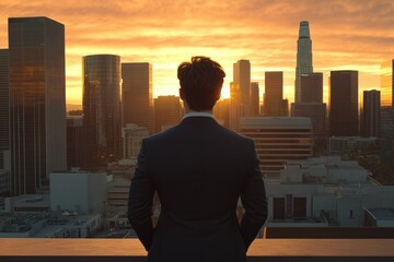 Naklejka na ściany i meble A businessman contemplates the city skyline at sunset, visualizing success and ambition.
