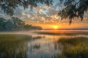 Fototapeta premium Misty Sunrise over Serene Marsh Landscape Golden Hour Peaceful Nature Scene Tranquil Water Reflections Beautiful Dawn Sky Scenic Vista Breathtaking 