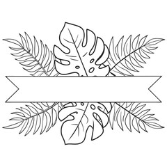 Tropical Leaf Banner Outline Design with Monstera and Palm Leaves