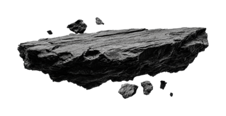 Floating fragmented black rock isolated, cut out