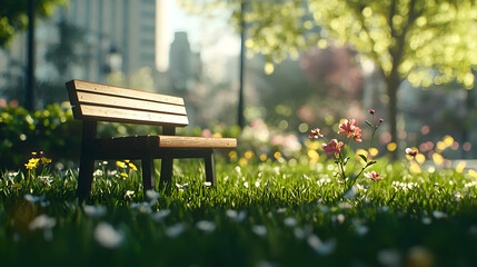 Wooden Park Bench Surrounded by Colorful Flowers and Green Grass Under Sunlight
