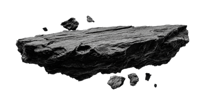 Floating fragmented black rock isolated, cut out