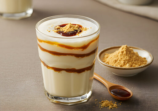 Layered Japanese Milk Drink with Caramel and Kinako Powder