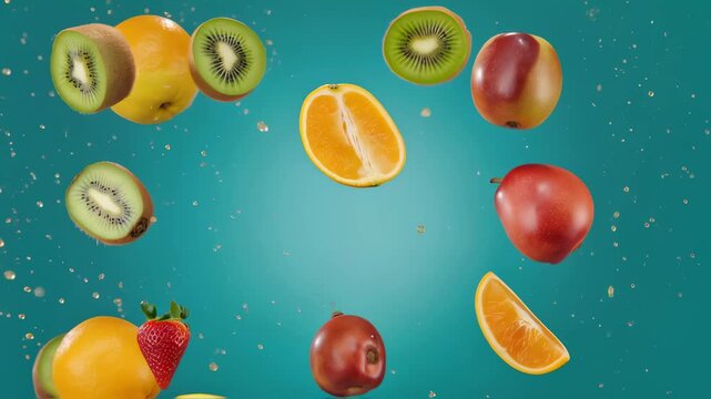 Fresh fruits including kiwi, orange, strawberry and apple flying in mid-air with juice splash on blue background, concept of healthy eating, vitamins and refreshing summer food presentation