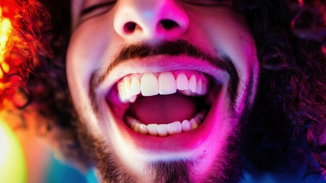 Bright smile radiates joy in vibrant colors during a lively gathering at night