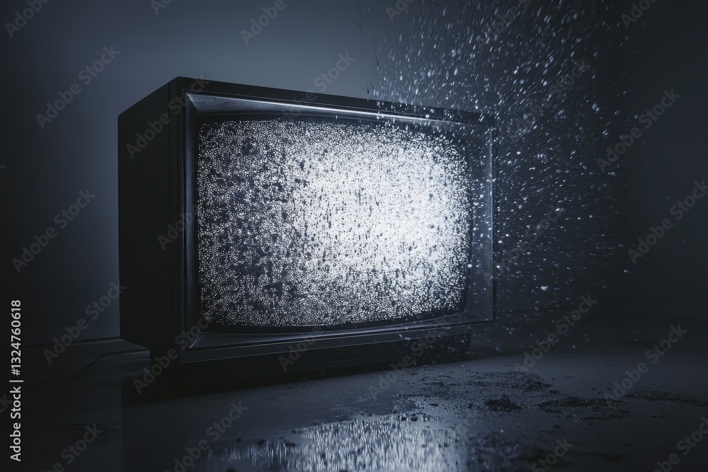 Poster static television screen displaying particles with an eerie glow in a dark room, tv playing static w