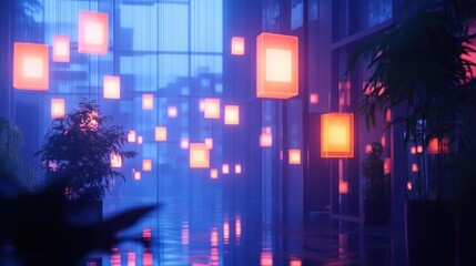 Naklejka premium Futuristic interior with glowing cubes
