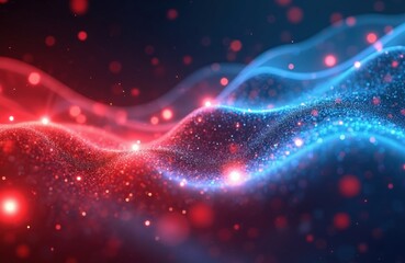 Obraz premium Abstract patriotic background with red, blue glowing particles. Wavy surface of shining red, blue lights with bokeh effect. Celebration wallpaper for Memorial day, 4th of July or President Day events.