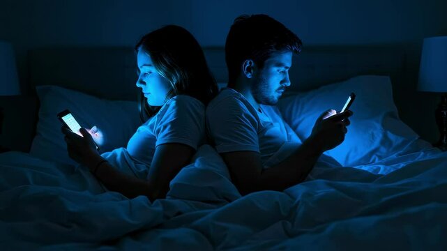 Couple lying back to back in bed at night using smartphones, illuminated by blue screen light, concept of technology addiction, relationship disconnection and digital dependence in modern life