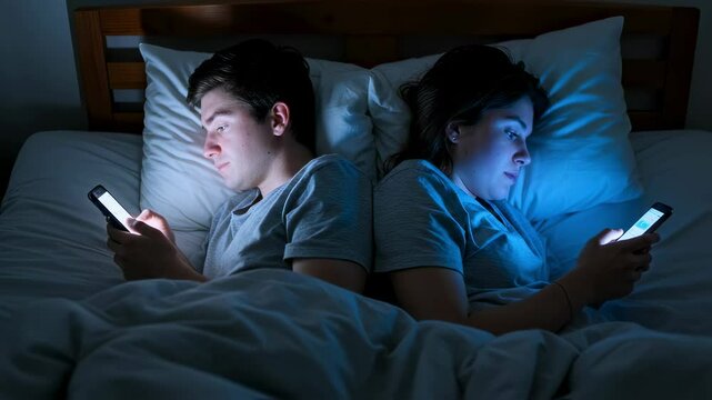 Couple lying back to back in bed at night using smartphones, illuminated by blue screen light, concept of relationship problems, social disconnection and technology addiction in modern life