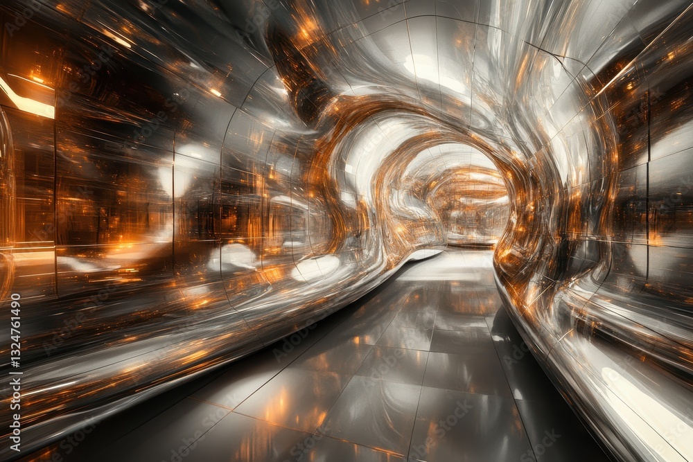 Poster exploring abstract digital space with a shining fluid structure and glowing elements, abstract digit