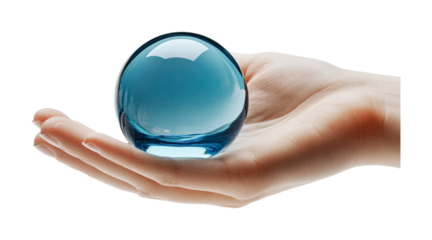 Hand holding blue crystal sphere reflecting light, cut out