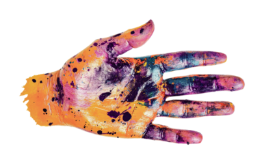 Colorful painted hand art with vibrant splashes of purple and orange, cut out