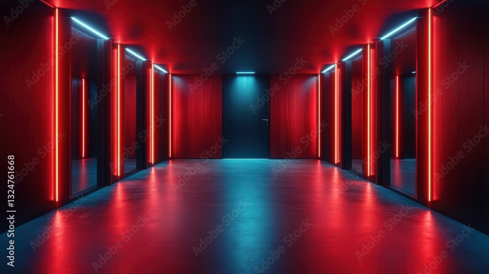 Poster a striking futuristic corridor adorned with vibrant red and blue neon lights, creating a dynamic and