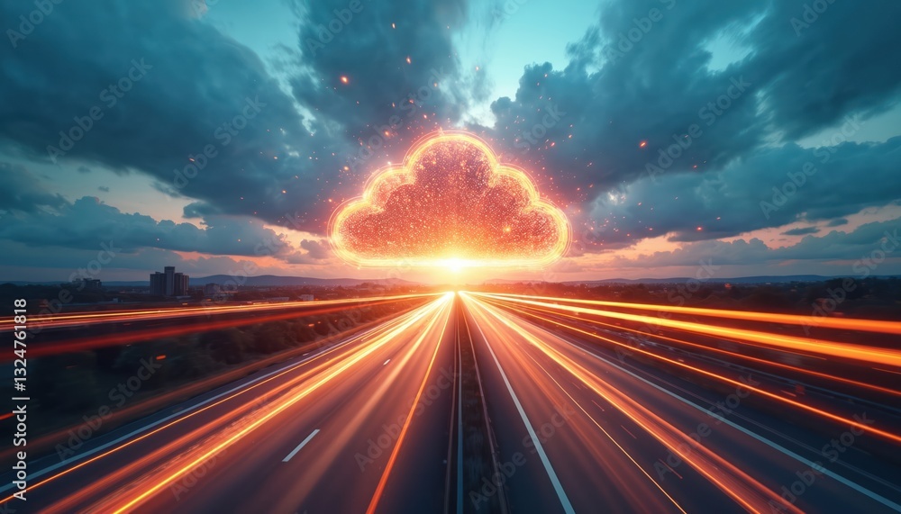 Fototapete road with light trails leads to cloud icon against sunset. cloud computing with abstract high speed 