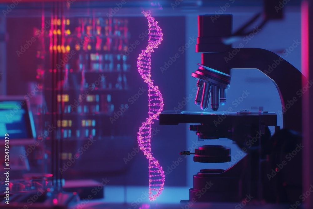 Poster DNA strand observed under microscope in laboratory setting with data analysis in process, dna strand over scope scanning and data processing