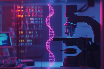 DNA strand observed under microscope in laboratory setting with data analysis in process, dna strand over scope scanning and data processing