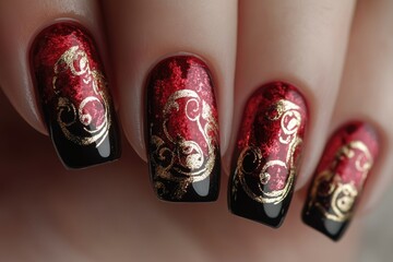 Elegant red and black nails with gold filigree detailing, a sophisticated and glamorous manicure.