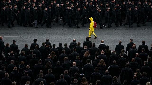 Person in bright yellow raincoat walking in opposite direction of black-dressed crowd, concept of individuality, nonconformity and standing out in society. Urban street, contrast and freedom