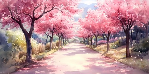 Watercolor landscape park with cherry blossom trees. Beautiful alley with sakura trees