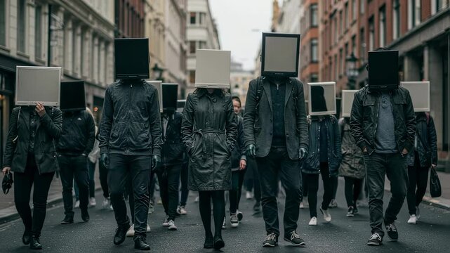 Group of people walking in city street wearing square screens as heads, concept of technology addiction, digital identity and social disconnection in modern society with surreal urban scene