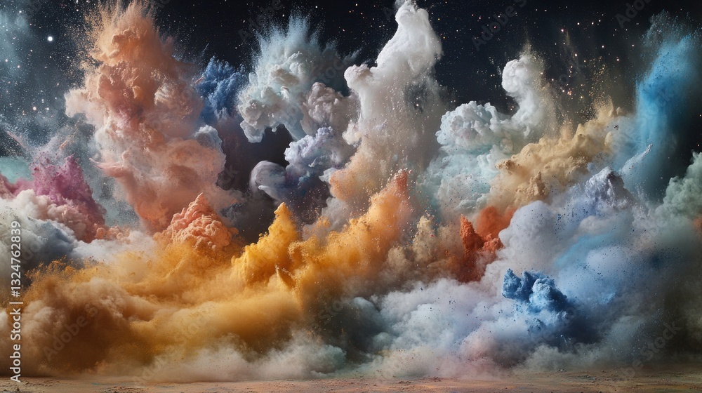 Poster colorful dust explosions creating abstract forms with dark background