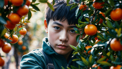 A young guy of 18 years old of Asian appearance among branches with tangerines.