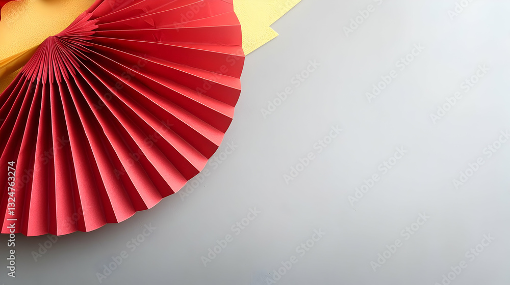 Poster red paper fan against gray background with yellow accent showing folded texture abstract minimalist 