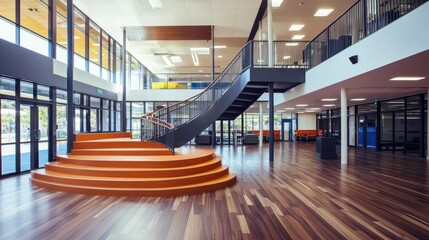 Modern school foyer, curved staircase, bright interior, open space, learning environment