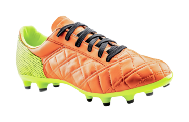 Orange quilted soccer cleat with lime accents and black laces, cut out
